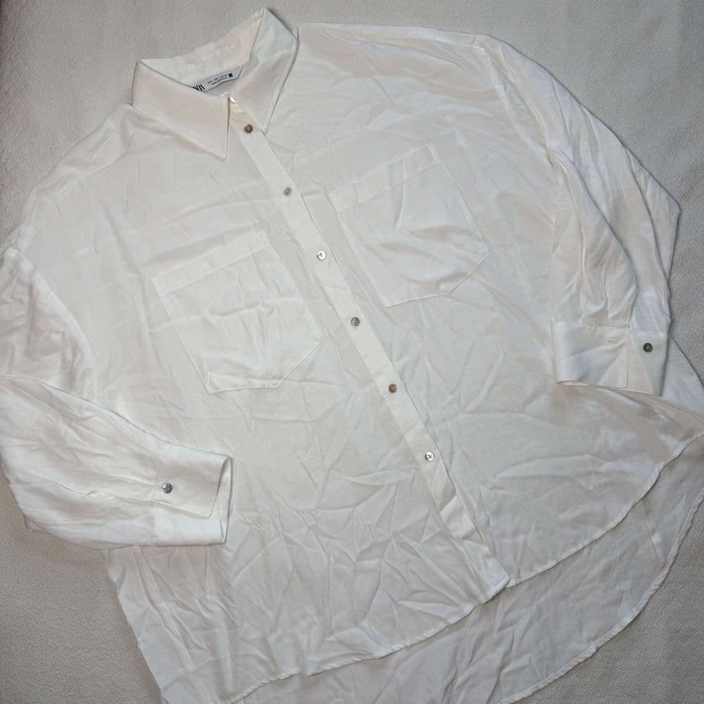 Zara White Button Down Shirt Womens Large Oversized High Low Preppy Clean Pocket